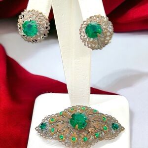 Vintage Green UV Reactive Glass & Rhinestone & Brass Filigree Demi Parure